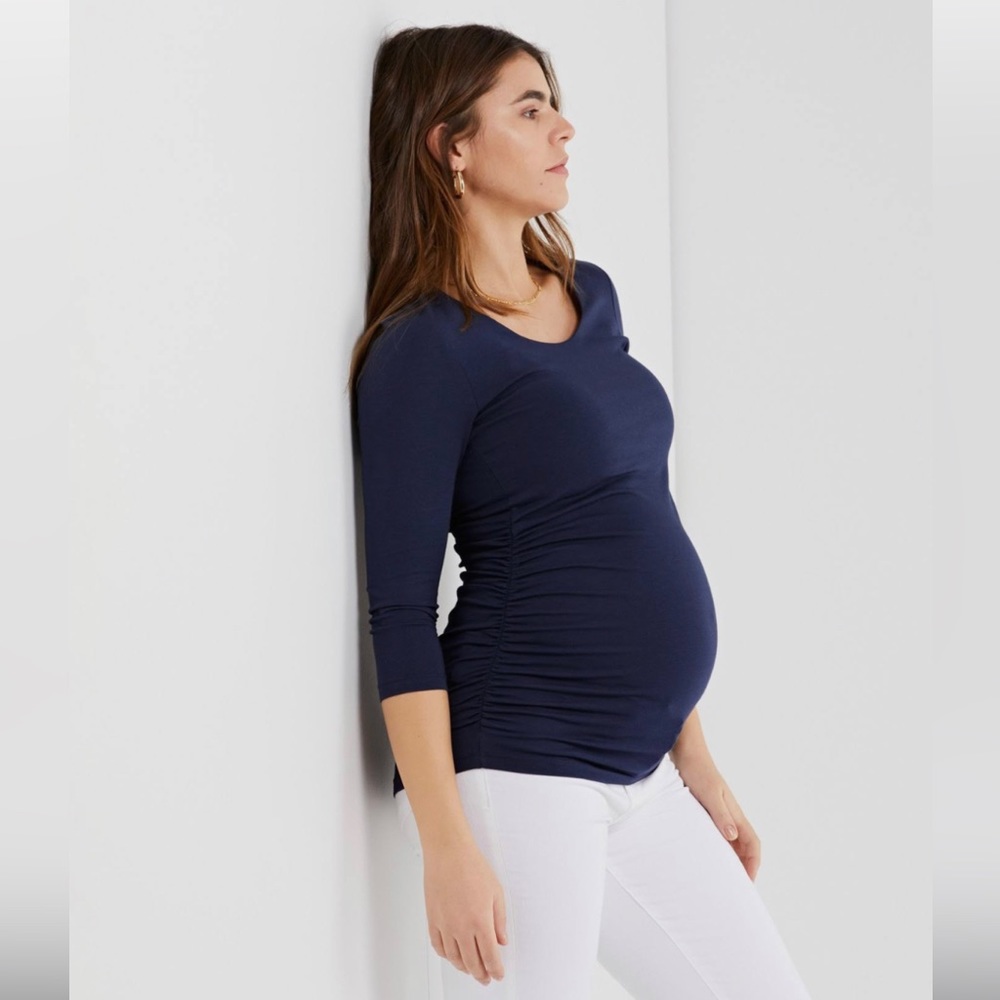 A Pea in the Pod Medium Side Ruched 3/4 Sleeve Maternity T-Shirt - Navy Blue
